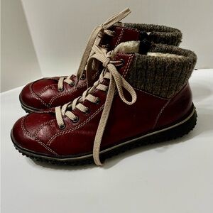 Rieker Z4243 lace up ankle boots in burgundy synthetic leather with knitted cuff